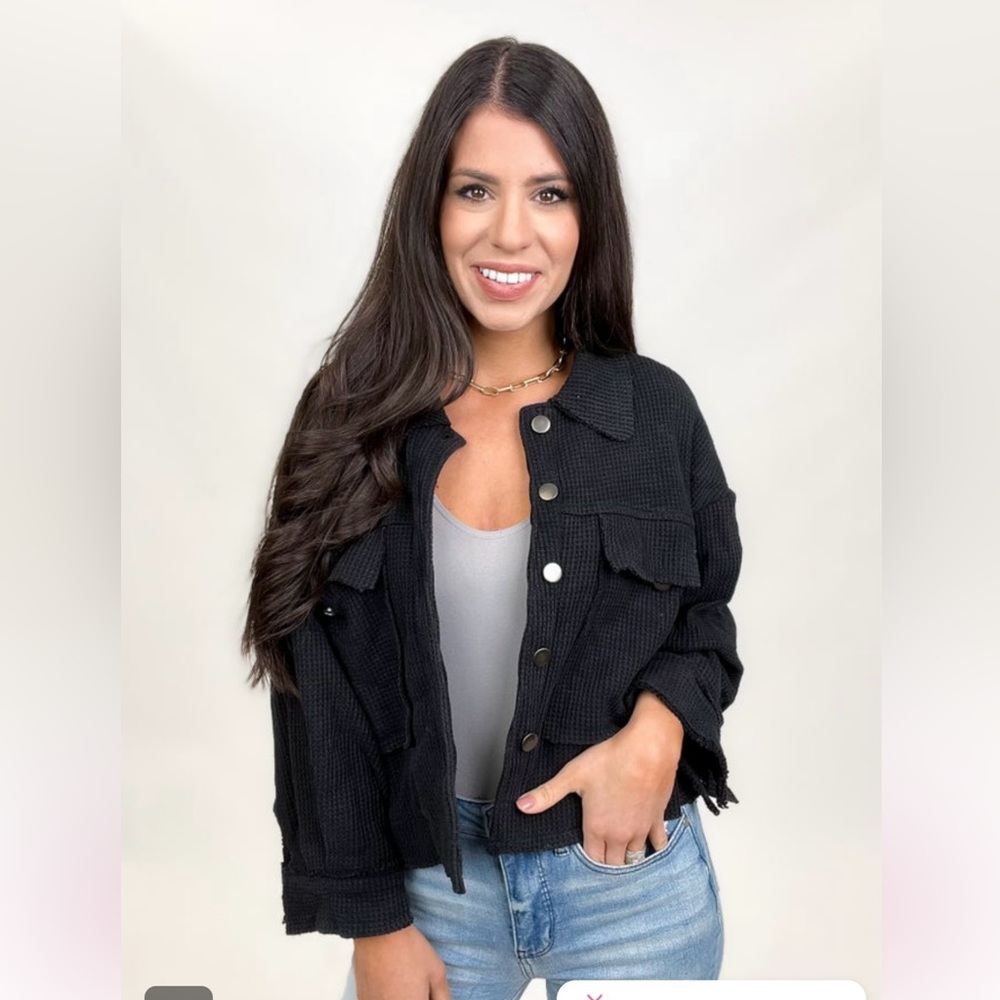 NWOT POL Black Ribbed Jacket with Snap Buttons & Chest Pockets Size Large!